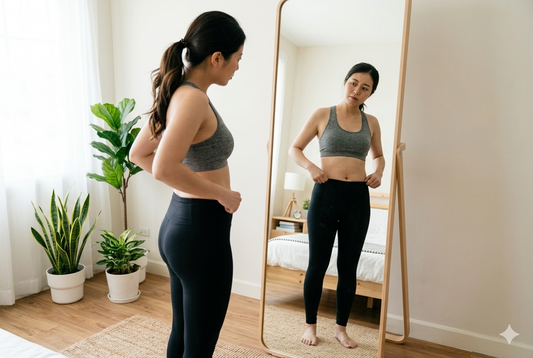 女性假性肥胖體態示意，體重正常但腰腹鬆軟的身形狀態